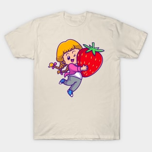 Cute Girl Holding Strawberry Cartoon T-Shirt